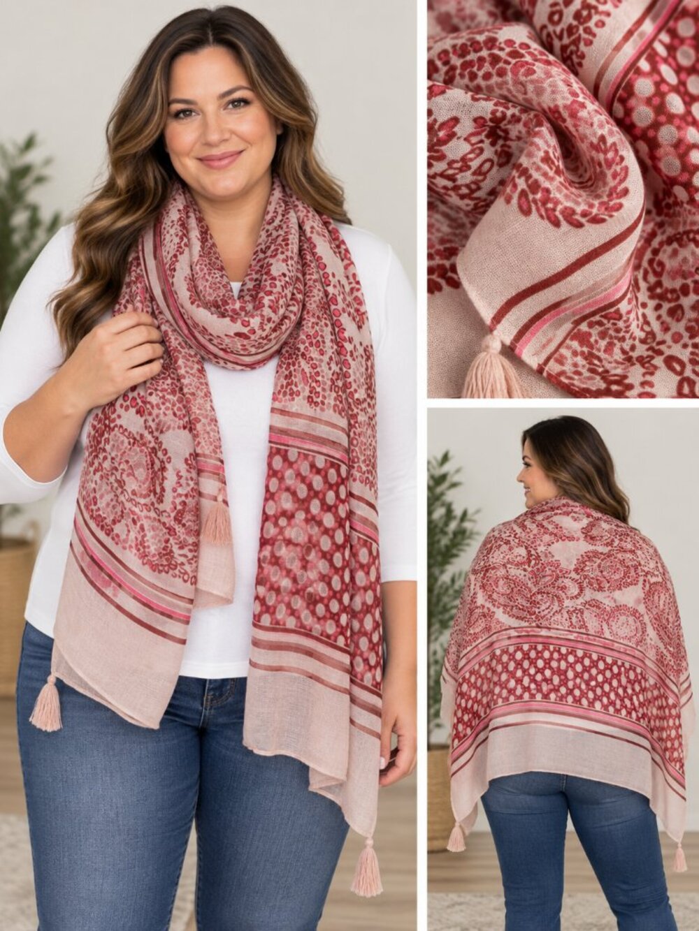 Anne Klein Pink and Red Multi-Patterned Lightweight Women's Scarf 💖❤️